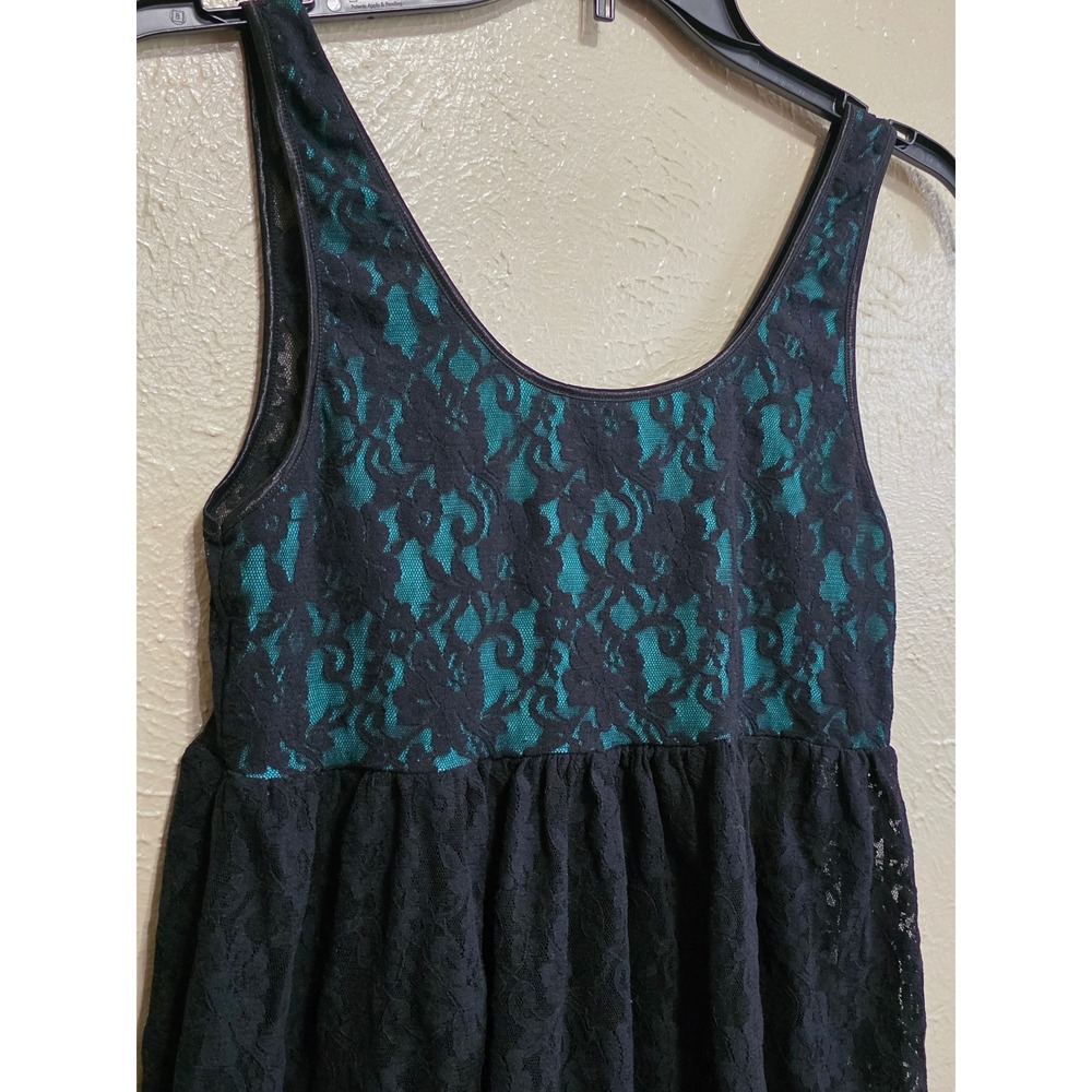 Black Lace Teal Lined Sleeveless Fit Flare tunic blouse Gothic Empire Waist Sz L